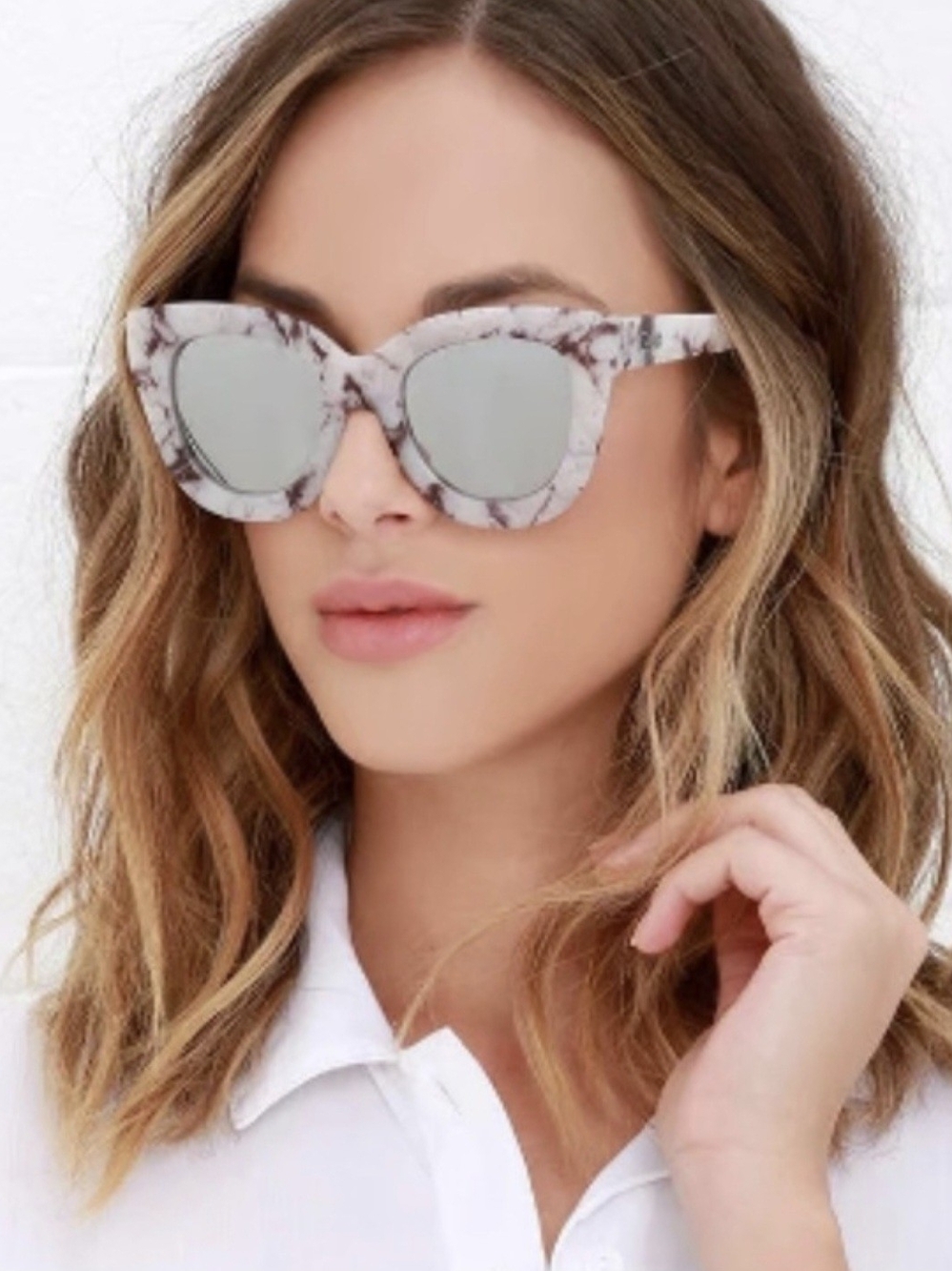 Quay Australia White Marble Cat-Eye Sunglasses with Silver Mirrors